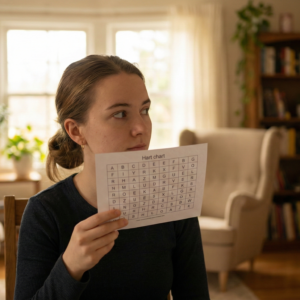 YOung lady using the Hart chart to help with saccades